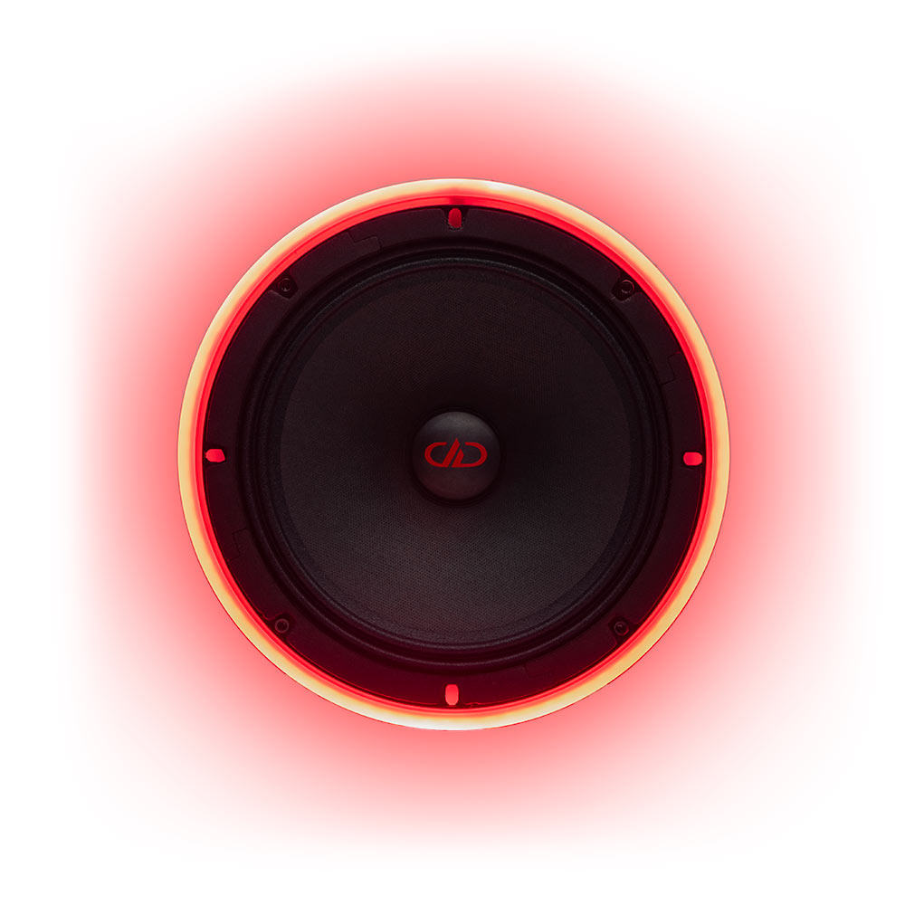 Photo of 8 inch LED speaker ring facing front with a orange-red hue