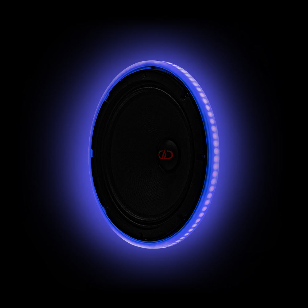 Photo of 8 inch LED speaker ring angled right with a blue hue.