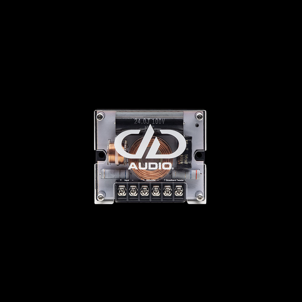 Photo of C Series 2 Way Crossover from front showing acrylic plate with DD logo above copper winding, and screw terminals
