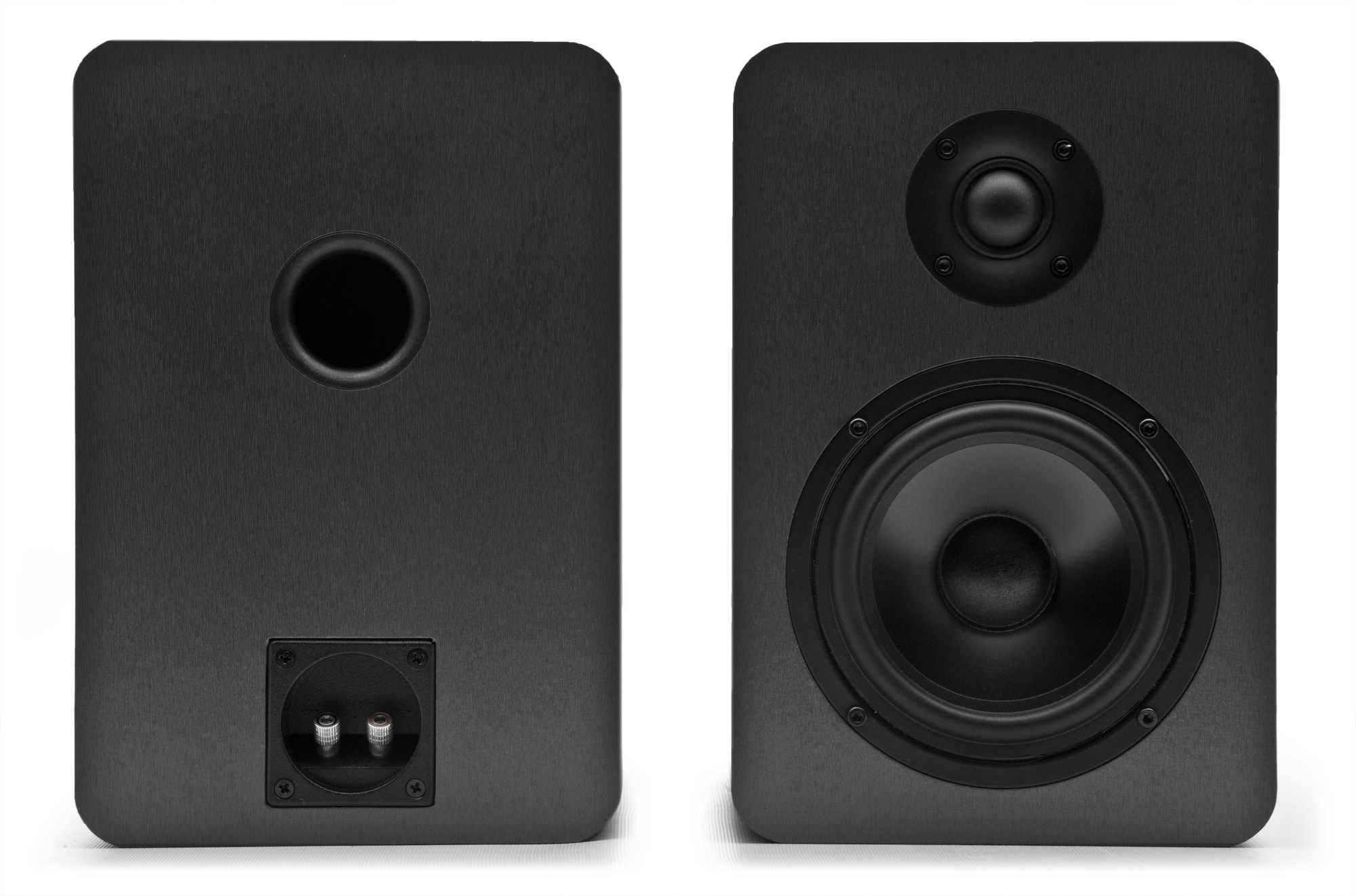 Photo showing pair of M-151 Passive Studio Monitors - one from the front showing tweeter and woofers with screen off, the other showing back of enclosure with port and connections