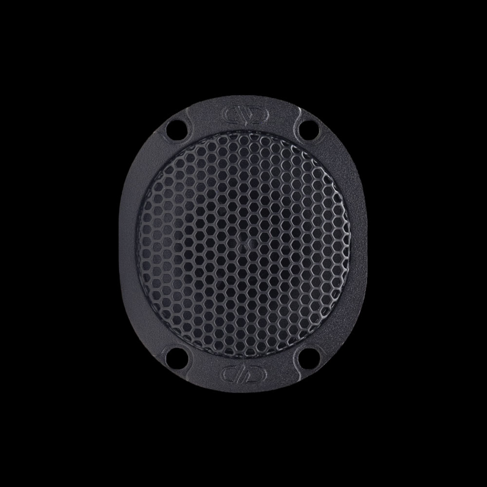 Photo of VO-B1c Bullet Tweeter shot facing front to show screw holes, embossed logo and mesh grill