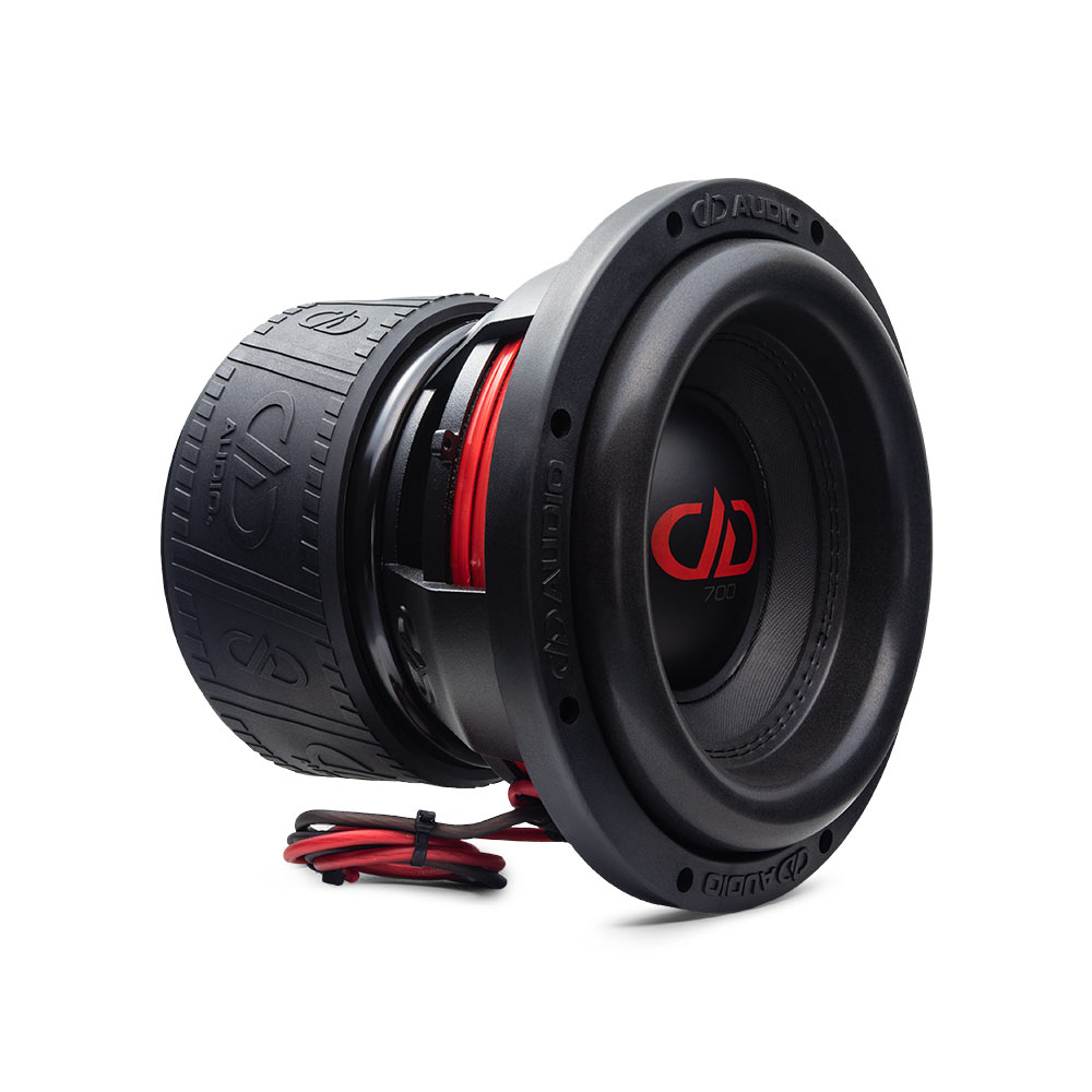 Photo of 710G facing front angled right to show surround, cone, dustcap backed by basket, leads, and motor in boot