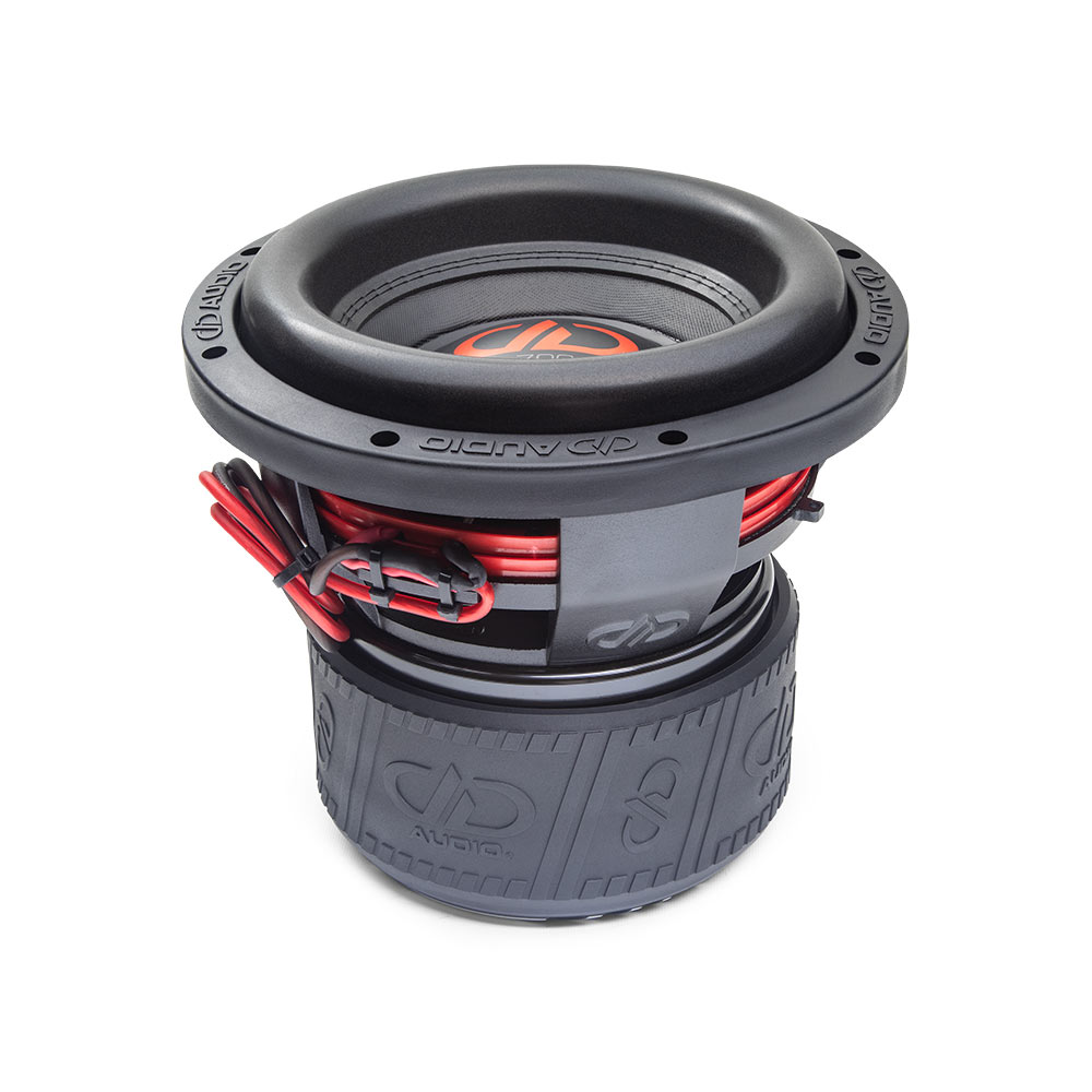 Photo of 710G top down angled forward to show surround, cone, dustcap backed by basket, leads, and motor in boot