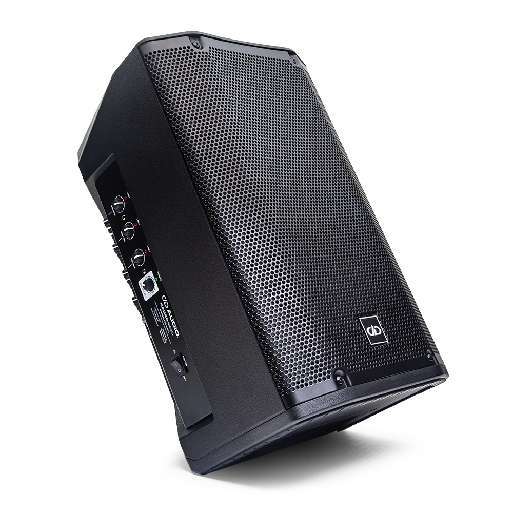Photo of RAGER-PRO-851 angled top to bottom right to the side to partially show controls, positioned to direct sound up and out