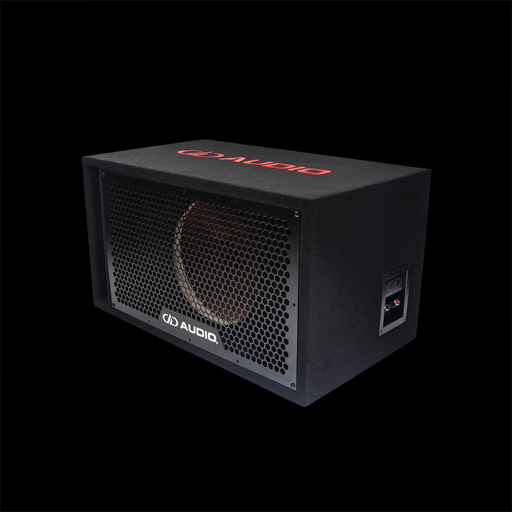 Photo of 10 inch unloaded enclosure facing front angled left to show side with terminal cup connectors with DD logo, front grill with DD AUDIO logo and port, and a slight glimpse of DD AUDIO logo on top.