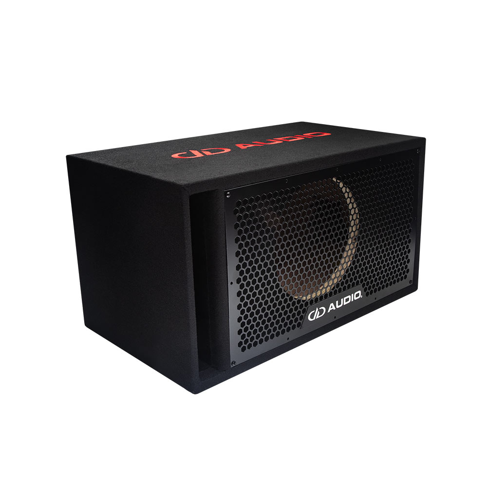Photo of 10 inch unloaded enclosure facing front angled right to show front grill with DD AUDIO logo and port, and a slight glimpse of DD AUDIO logo on top.