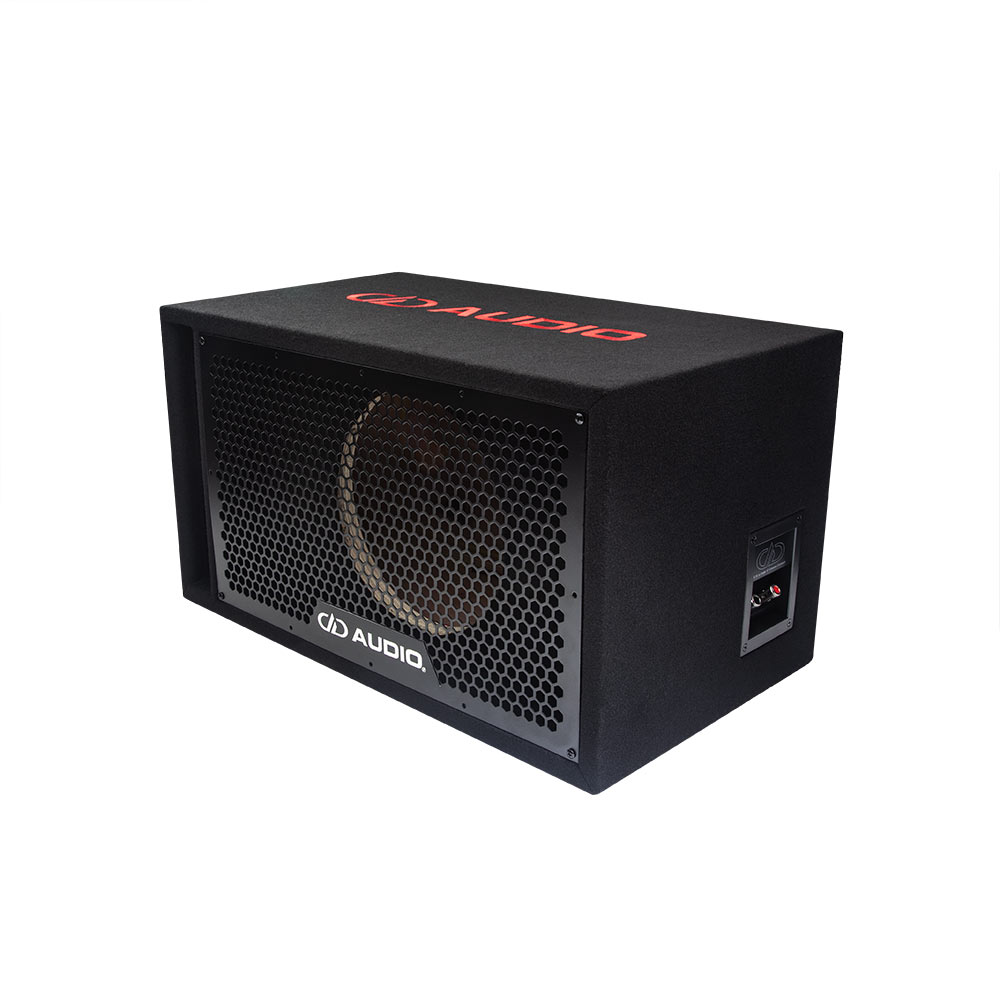 Photo of 10 inch unloaded enclosure facing front angled left to show side with terminal cup connectors with DD logo, front grill with DD AUDIO logo and port, and a slight glimpse of DD AUDIO logo on top.