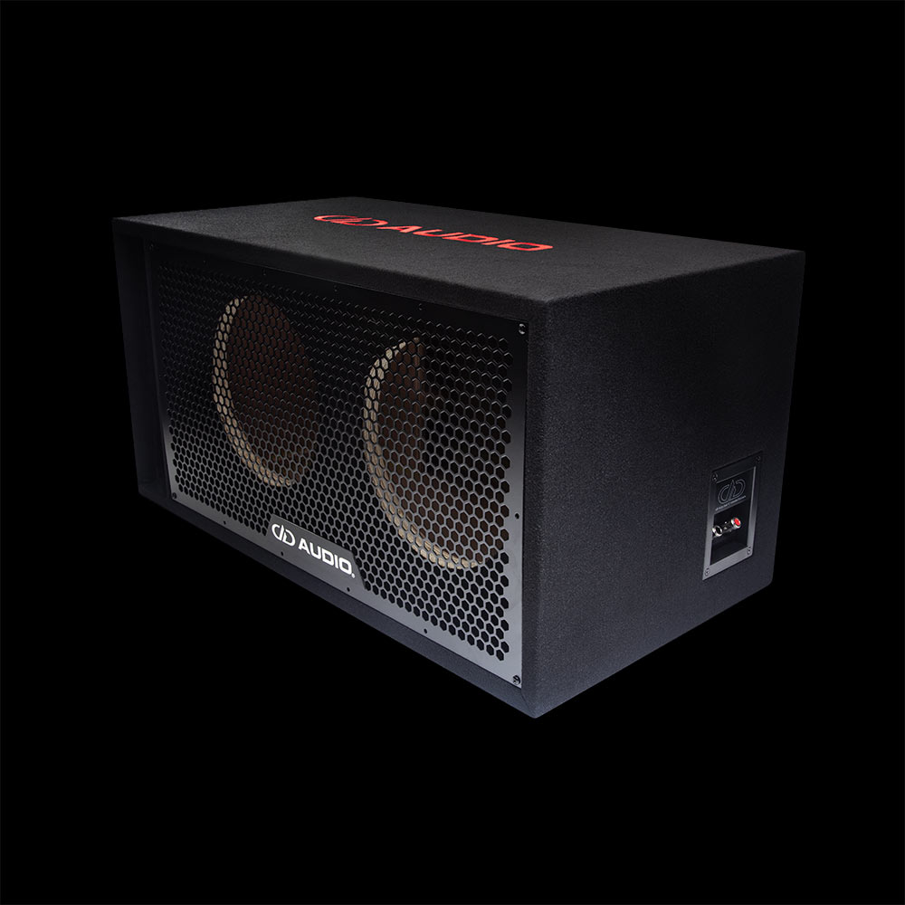 Photo of Dual 10 inch unloaded enclosure facing front angled left to show side with terminal cup connectors with DD logo, front grill with DD AUDIO logo and port, and a slight glimpse of DD AUDIO logo on top.