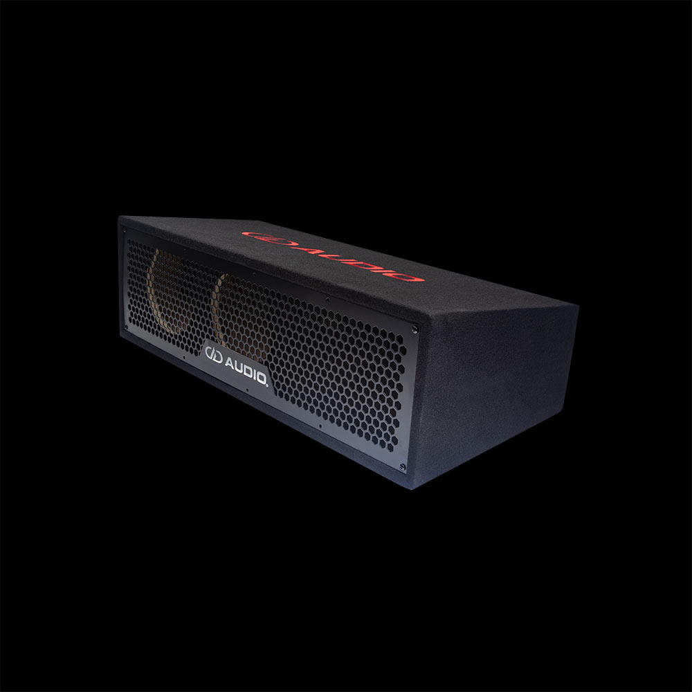 UE-6.2 Unloaded Enclosure facing front angled right to show grill with DD badge, port, empty baffles, and top embroidered DD AUDIO logo