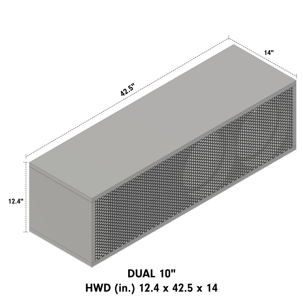 Graphic Showing Dimensions with text DUAL 10" - HWD (Inches) 12.4 x 42..5 x 14