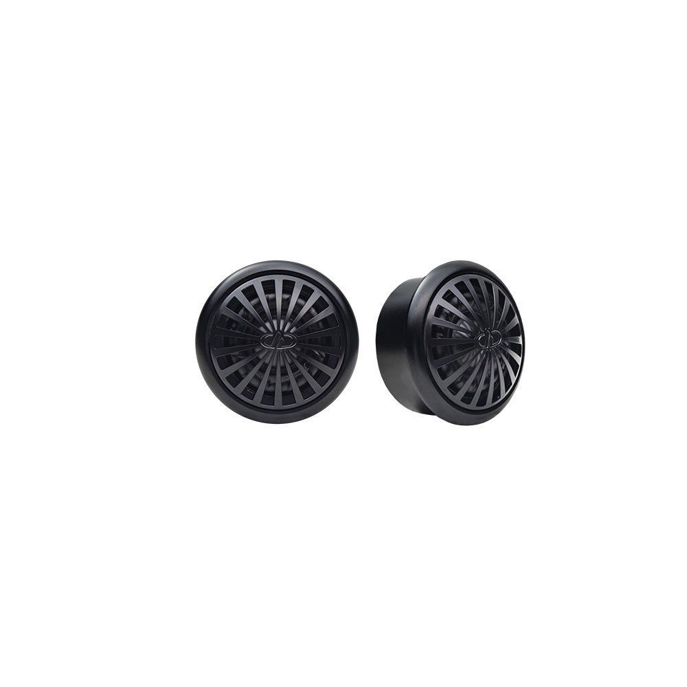 Photo showing pair of C-TW20 tweeters - one facing front, the other angled slightly, both with grill and DD logo