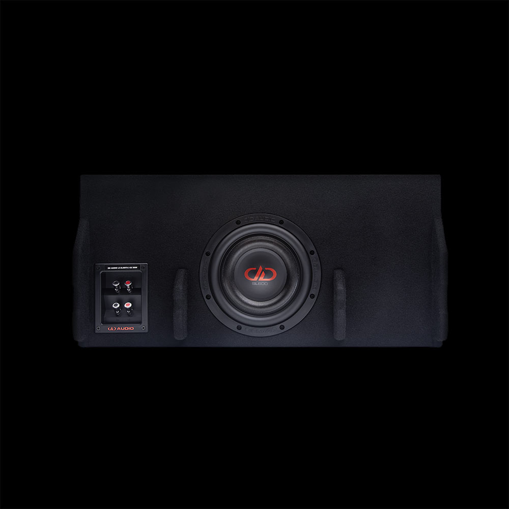 Photo of enclosure loaded with 8 inch SL600 slim subwoofer facing front showing logo, dustcap, cone, surround as well as front facing terminal cup with push connectors