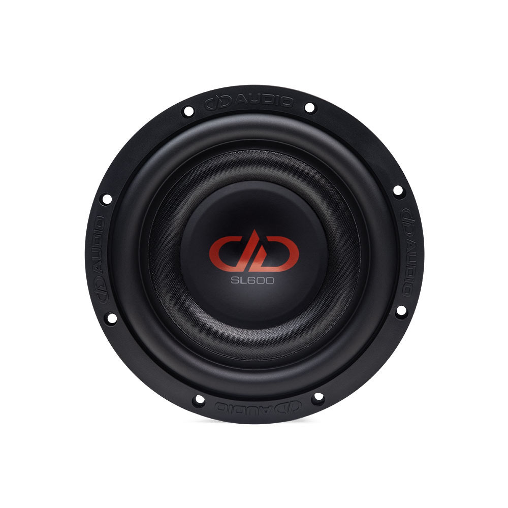 8 inch SL Slim Series Subwoofer front view of logo, dust cap cone and surround