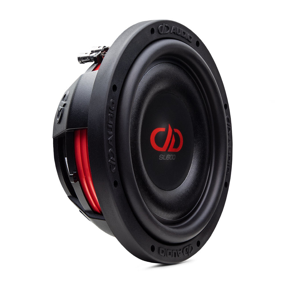 10 inch SL Slim Series Subwoofer front view of logo, dust cap cone and surround and part of motor and spider