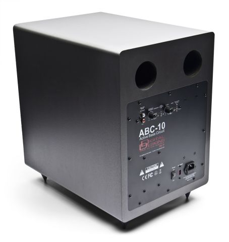 Photo of ABC-10 from the back to front angled to show controls, inputs, logo, model name with Active Bass Circuit