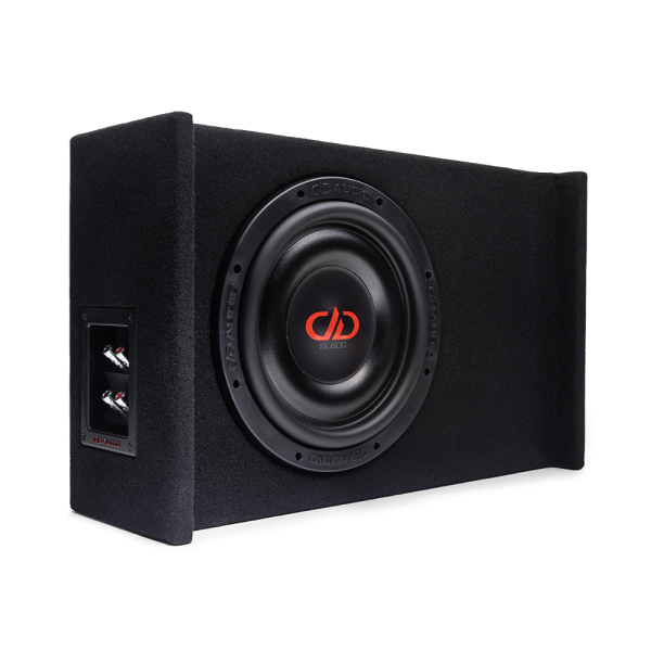 Photo of LE-DF-LS610.1 Loaded Enclosure facing front to show SL610 subwoofer in box with connection panel on side