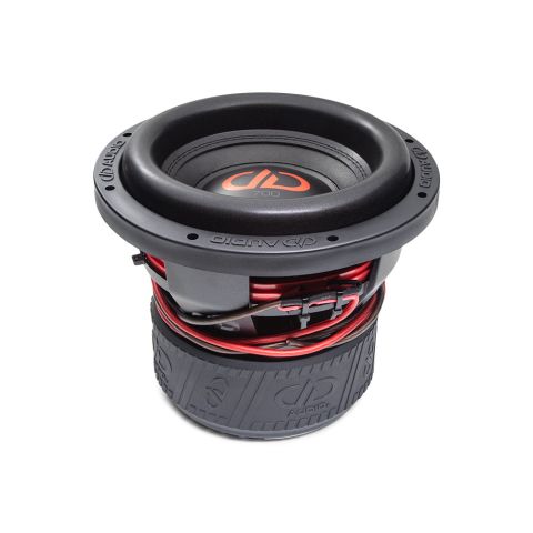 10 inch 710f subwoofer with motor flat on surface, slightly angled showing surround cone and dust cap and logo