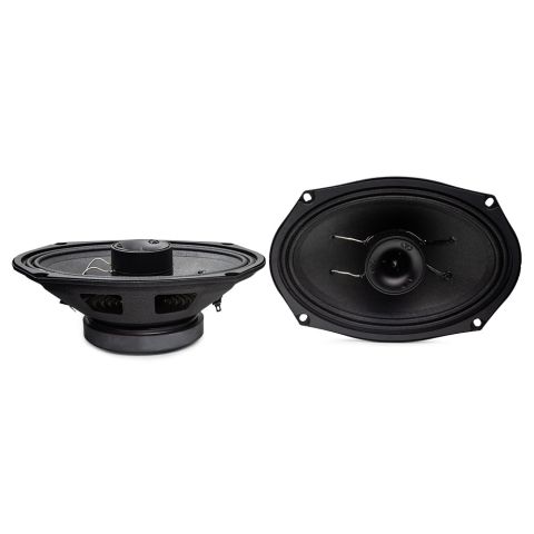 VO-X6x9 Photo two speakers. The first speaker is shot from top to bottom to show the ferrite motor, basket, the spider in the basket, and large tweeter emerging in the cone. The second speaker is a front facing shot to show the tweeter, cone, and surround.