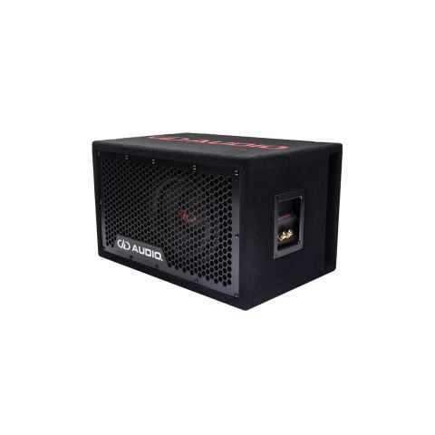 LE-508.1a Photo showing enclosure loaded with a single 508e 8 inch subwoofer angled to show logo on top, full grill, connection and port
