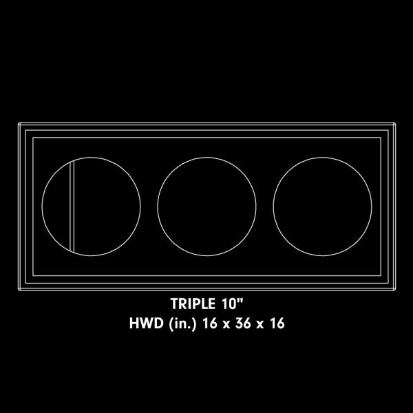 Drawing of unloaded enclosure with words Triple 10" (the speaker size)16" x 36" x 16" (the dimensions)