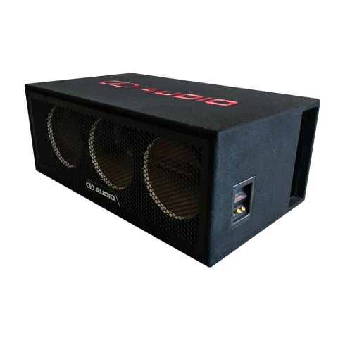 Photo of unloaded Triple 10" Enclosure showing side port, connection panel, and logo on top