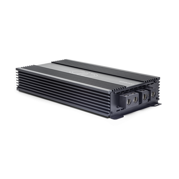 Photo of SS6000 laying flat with top plate facing up showing logo and model number, and part of end panel with power connection points