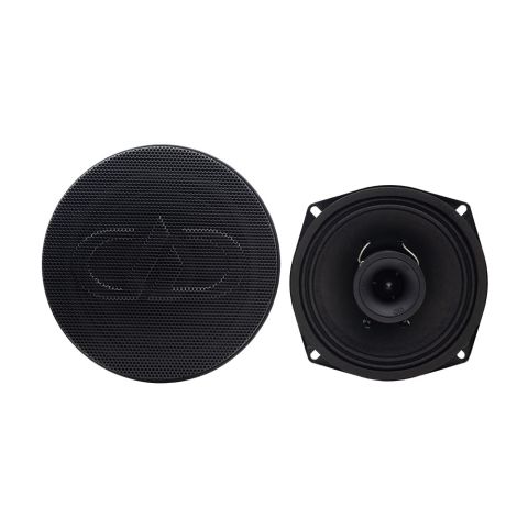 Photo of VO-XN305 5.25 neo coaxial pair, first facing front to show grill with embossed logo, the other front to show tweeter and cone