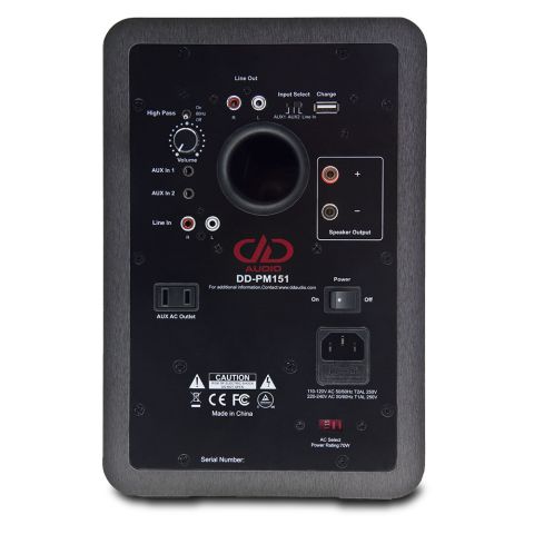 Photo of PM-151 showing studio monitor from back showing connection points, settings and port