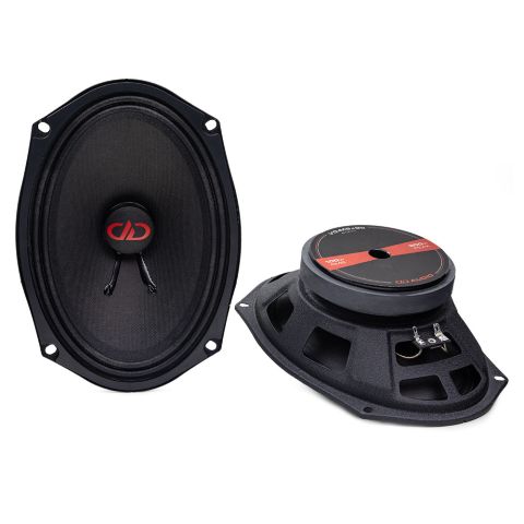 VO-M6x9b photo showing pair of speakers, on front facing to show cone and dustcap, the other lying flat to show motor, basket, and connection