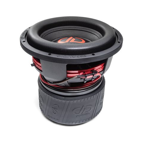 12 inch 812f subwoofer with motor flat on surface, slightly angled showing surround cone and dust cap and logo