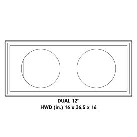 Diagram showing an unloaded enclosure with the text "Dual 12 inch enclosure - HWD (in) 16 x 36.5 x 16"