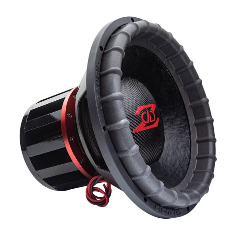 Photo of Z315 profile shot to show surround, part of cone, dustcap, and logo, basket, red anodized aluminum top plate, the neo pillar motor and leads