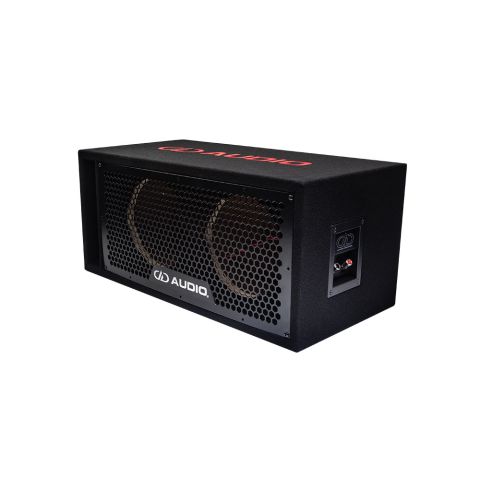 Photo of dual 8 inch unloaded enclosure facing front angled left to show side with terminal cup connectors with DD logo, front grill with DD AUDIO logo and port, and a slight glimpse of DD AUDIO logo embroidered on top.