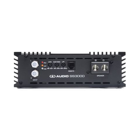 Photo of SS3000 showing side with speaker connections, settings, indicators, and remote input