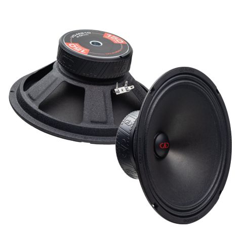 Photo of two VO-M210s; one angled bottom up, to show the frame, motor, boot and backplate sticker - "VO-M210, 4 Ohm, 150 Watts RMS, DD AUDIO"; the other angled to show cone, dustcap, and part of motor