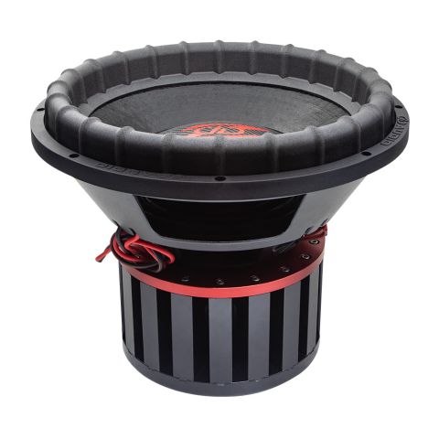 Photo of Z415 from top to bottom to show surround, part of cone, dustcap, and logo, the basket, red anodized aluminum top plate, neo pillar motor and leads