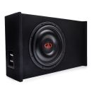 Photo of LE-DF-LS612.1 Loaded Enclosure facing front to show SL610 subwoofer in box with connection panel on side