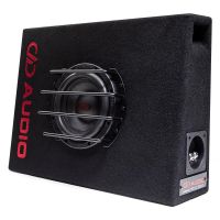 LE-ST06 Loaded Enclosure for tight spaces, angled left to show full front with DD AUDIO Embroidered logo and part of the side port and connectors