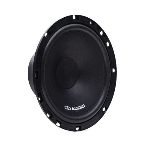 E-C6.5b woofer photo angled right slightly to show part of motor, surround, cone, and dustcap in the center. Legible on the cone is the DD AUDIO logo in white at the bottom edge.