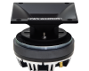 Photo of 6x6 Horn angled top to bottom to show black matte finish, curves, and metal plate with DD AUDIO logo - image includes the horn mounted to a CT55 compression tweeter to demonstrate how it will look mounted - The words "Sold Separately" appear in the bottom right corner