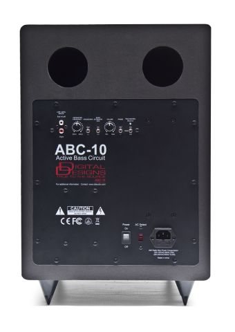 Photo of ABC-10 from the back showing controls, inputs, logo, model name with Active Bass Circuit