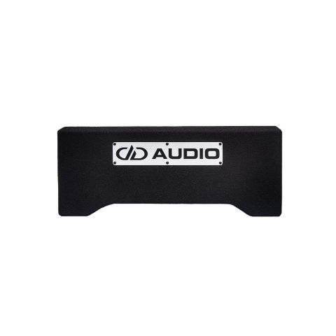 Photo of LE-DF-LS608.1 Loaded Enclosure on side to show slim profile, and metal DD AUDIO logo plate
