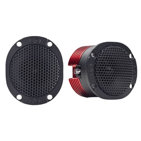 Photo of VO-B1c Bullet Tweeters (pair), with one shot facing front to show screw holes, embossed logo and mesh grill and the other shot front angled right to show embossed logos on face, mesh grill, heat sink and spade connectors