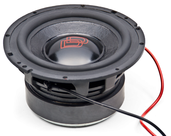Photo of W6 shot top to bottom to show cone and classic DD dustcap, surround, basket, motor with leads