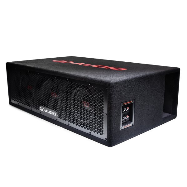 LE-508.3 photo - angled slightly to show connections panel and large rectangular port on side, while still showing all three speakers, metal grill, and part of logo embroidery on top