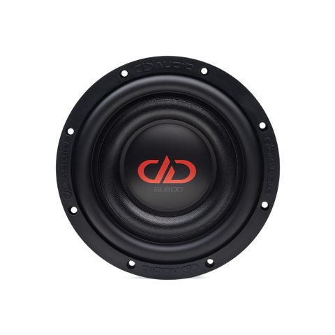 8 inch SL Slim Series Subwoofer front view of logo, dust cap cone and surround