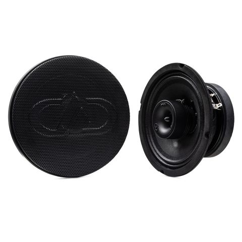 VO-X6.5 Photo showing two speakers, one with the DD embossed grill attached, the other shot at an angle to show tweeter, cone, and part of ferrite motor.