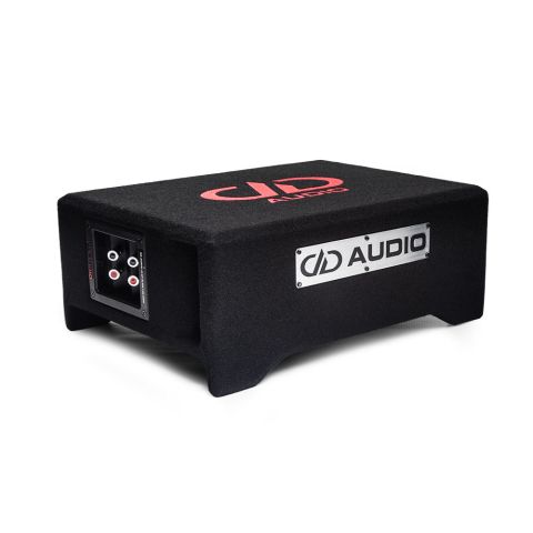 Photo of LE-DF-LS608.1 Loaded Enclosure on side to show slim profile, and metal DD AUDIO logo plate with embroidered DD logo on top