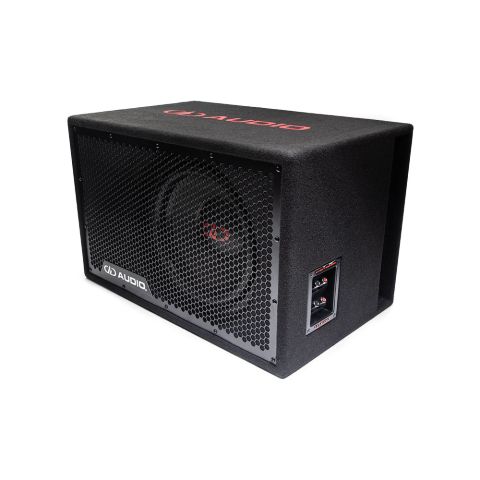 LE-512.1 / LE-312.1 Photo angled up and to the left showing the full frame protective grill, the single 500 Series 12 inch subwoofer, the side firing port, push connector panel and embroidered logo on the top of the box
