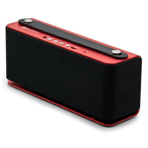 S-Box speaker system angled left to show full front with mesh cover and DD badge and top with red casing, strap, and controls